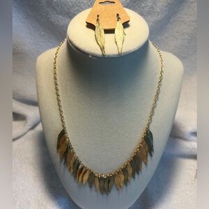 Elegant Gold and Green Weeping Willow Leaf Necklace and Earring Set